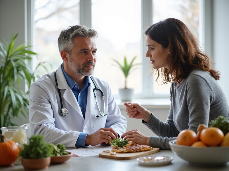 Lekarz i pacjent omawiający wyniki badań na tle zdrowej żywności