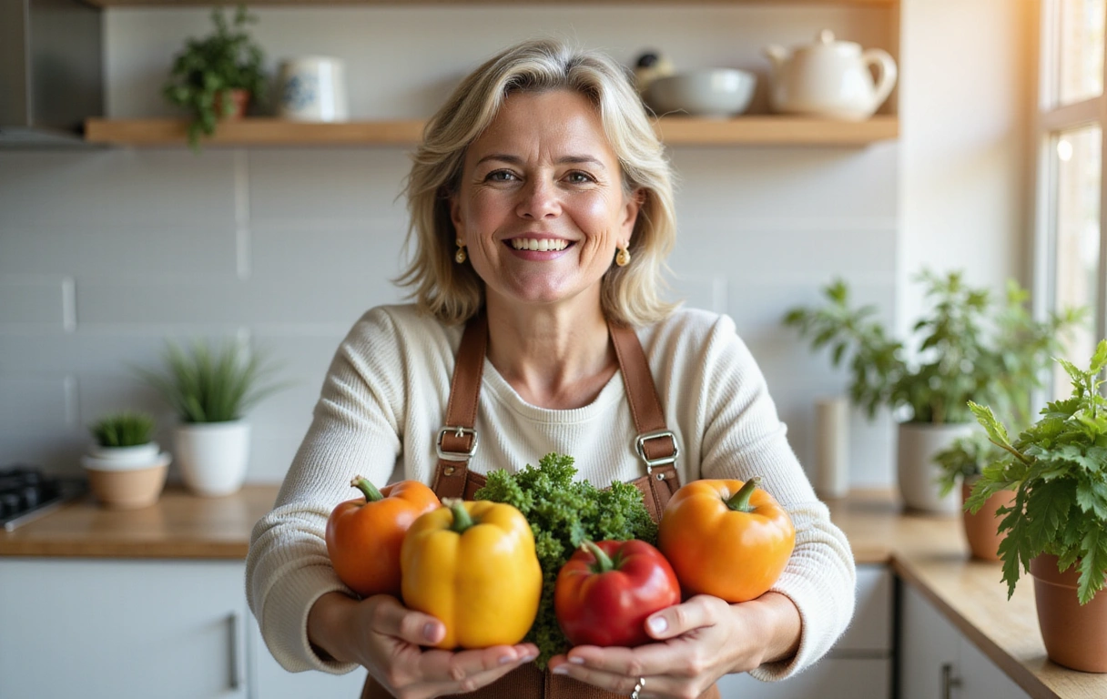 Uśmiechnięta kobieta w średnim wieku, trzymająca w dłoniach świeże owoce i warzywa, symbolizująca radość ze zdrowego stylu życia.